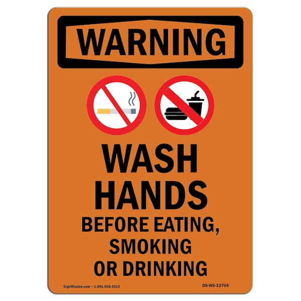 OSHA WARNING Sign, Wash Hands Before W/ Symbol, 14in X 10in Aluminum, 10" W, 14" L, Portrait